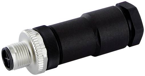 Zwarte cilindrische kabelconnector met schroefdraad metalen uiteinde en zeskantmoer, afgebeeld op een witte achtergrond.