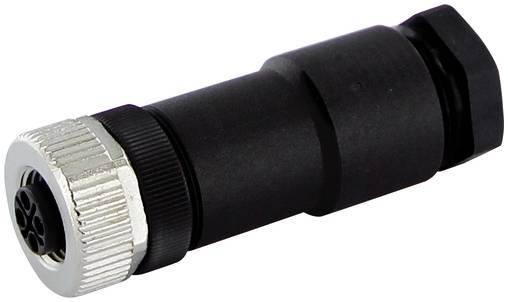 Zwarte cilindrische elektrische connectoradapter met zilveren schroefdraadeinde op een witte achtergrond.