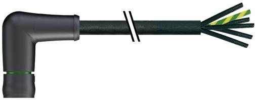 Doorsnede-illustratie van een zwarte geïsoleerde kabel met groene, gele en zwarte draden die aan het ene uiteinde zijn blootgesteld en een rechthoekige connector aan het andere uiteinde.
