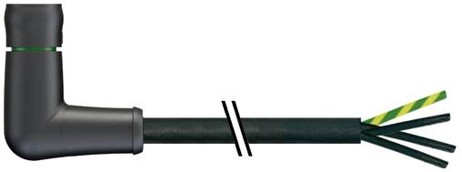 Zwarte L-vormige kabelconnector met groene band, verbonden met een kabel met een dubbele schuine streepbreuk, met blootgestelde gekleurde draadstrengen aan de rechterkant.