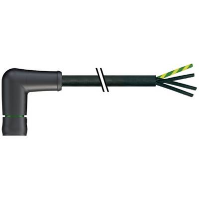 Zwarte kabel met een 90-graden connector; de kabel is in het midden doorgesneden, met gekleurde interne draden zichtbaar aan het rechtereind.