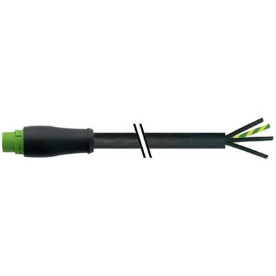 Een zwarte kabel met aan het ene uiteinde een groene connector en aan het andere uiteinde vier blootgestelde kleurcoderingdraden, doormidden doorgesneden.