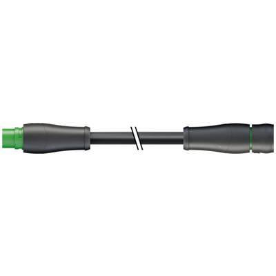 Illustratie van een zwarte kabelstekker met een witte dubbele schuine streepmarkering, die twee kabeluiteinden met groene punten verbindt.