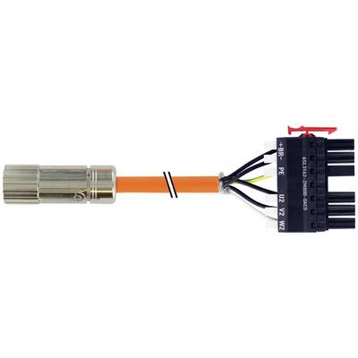 Gesplitste oranje kabel met connector aan de linkerkant en gelabelde zwarte stekker aan de rechterkant, met blootgestelde interne draden in het midden.