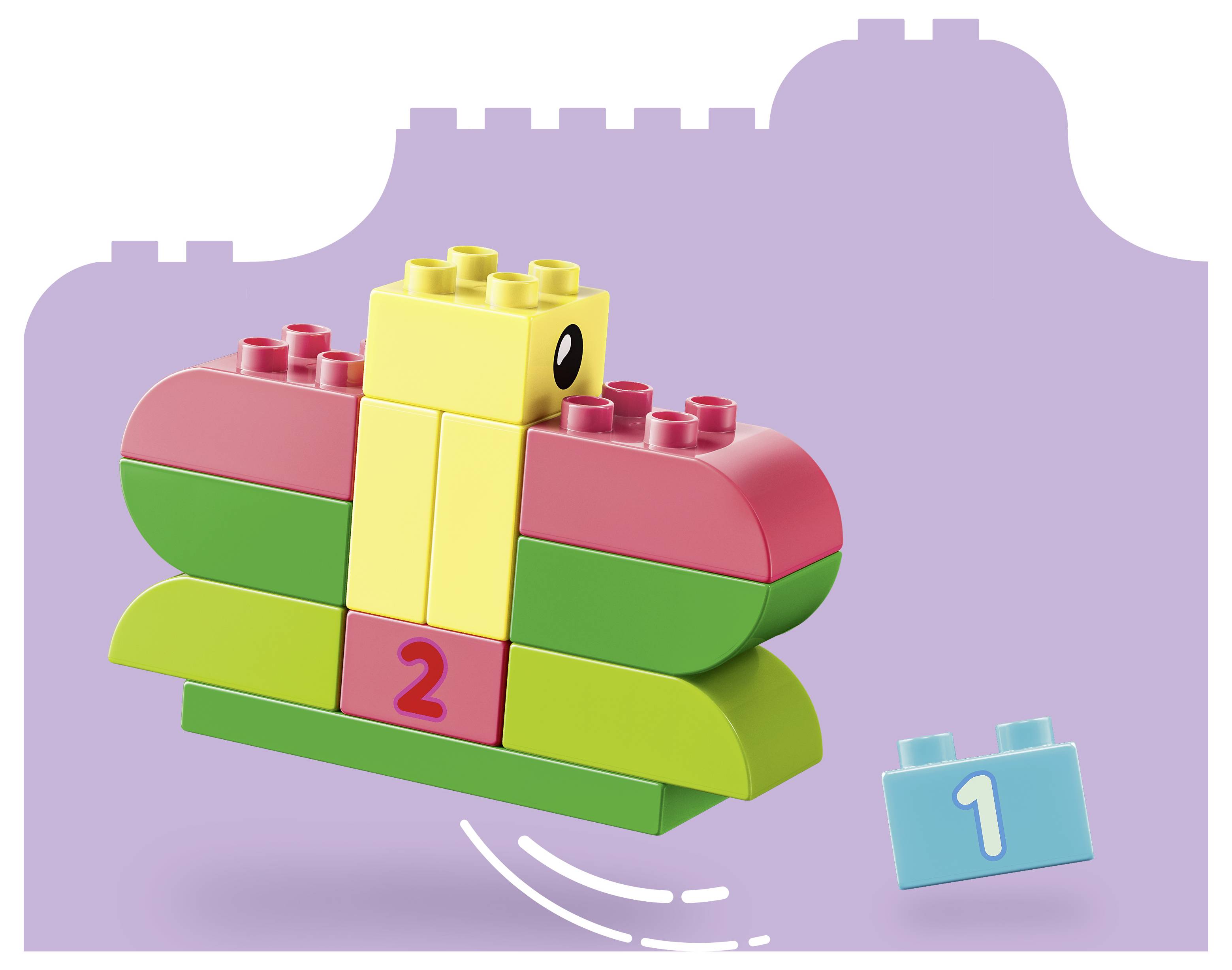 Kleurig speelgoedblokdier in een sprong over een lavendelkleurige achtergrond, met een apart blauw blok gelabeld '1' en een roze blok gelabeld '2'.