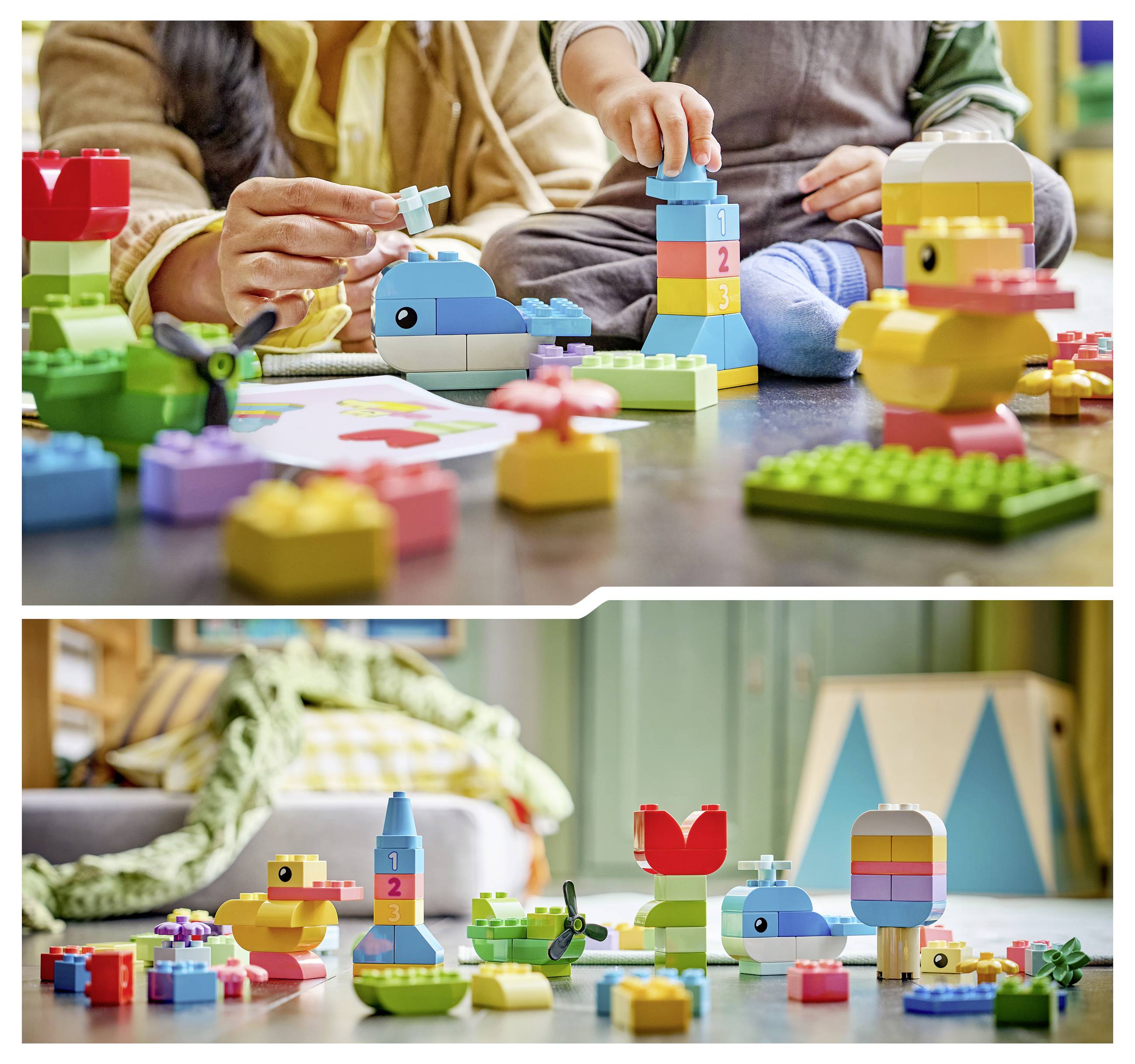 Kinderen spelen met kleurrijke bouwstenen en speelgoeieren op de vloer en creëren speelse structuren in een huissetting.