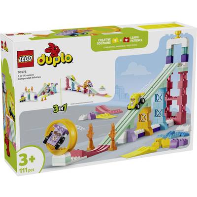 LEGO Duplo 3-in-1 set doos met hellingen met voertuigen, een gele auto op een spoor, en gekleurde toren structuren voor 3 jaar en ouder