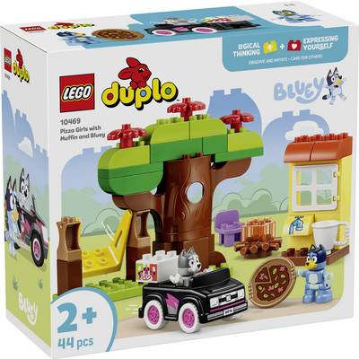 LEGO Duplo 'Pizza Girls with Muffin and Bluey' setdoos met een boom, voertuig, pizza en Bluey-figuren; 44 onderdelen, vanaf 2 jaar.