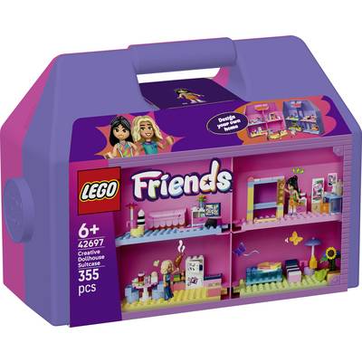 LEGO Friends 6+ creatieve poppenhuis kofferset, 355 onderdelen, weergegeven als een roze en paarse draagtas met miniatuurtaferelen op de voorkant.