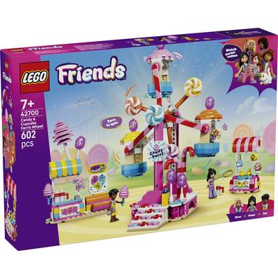 LEGO Friends Candyklic reuzenrad spellenbundel doos, leeftijd 7+, 4270 onderdelen, toont een kleurrijke carnavalscène met een snoepthema reuzenrad en minifiguren.