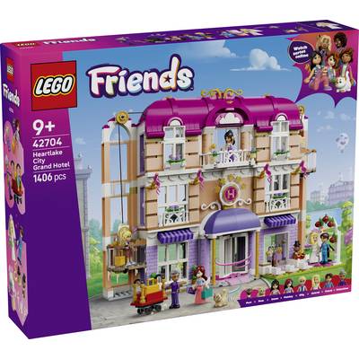LEGO Friends Heartlake City Hotel setverpakking met afbeelding van een kleurrijk drielaags hotel, minidolls en aangegeven leeftijd 9+, set 42704, 1406 onderdelen.