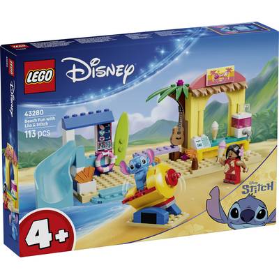 LEGO Disney 'Strandplezier met Lilo & Stitch' set met 113 onderdelen op de doos met Stitch op een strand met surfboard, Lilo en een palmbomen hutje.