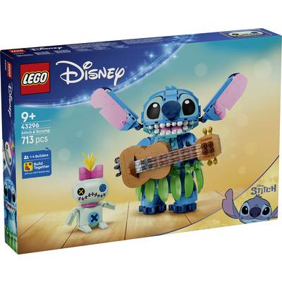 LEGO Disney Stitch-set doos met Stitch die een gitaar vasthoudt met een klein Scrump-figuur; gelabeld voor leeftijden 9+, 43296, 730 stukjes.