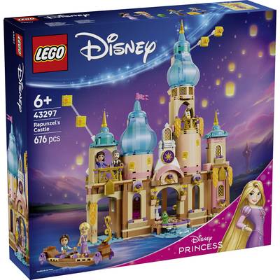 LEGO Disney Princess Rapunzel's Kasteel setverpakking, met daarop een kleurrijke kasteelbouw met Rapunzel-figuren; het etiket toont '43297', '6+' en '676 stukken'.