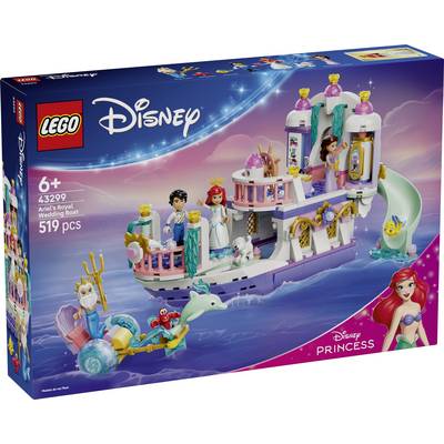 LEGO Disney Prinses Ariëls Koninklijk Huwelijksboot set doos met een versierde boot met Ariël, Prins Eric, Flounder, Sebastian en andere figuren; 519 stukken, vanaf 6 jaar