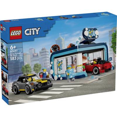 LEGO City 'Autowasserette' set doos met een rode cabriolet en zwarte sportauto bij een drive-through wasstraat, vanaf 6 jaar, 583 stukken.