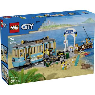 LEGO City Klassiek Strandtram speelset doos met een strandscène met een tram, boog, minifiguren, surfboard, zeehond en 693 onderdelen voor leeftijd 7+