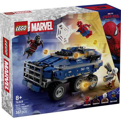 LEGO Marvel Spider-Man transportset doos met een gesloten blauwe gevangenistransportwagen, Spider-Man die een schurk webben vastlegt, en inbegrepen minifiguren.