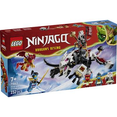 LEGO Ninjago Dragons Rising Zivlar en Grimtak setdoos, waarin twee ninja-minifiguren tegen een witte draak strijden; 232 stukken, leeftijd 7+.