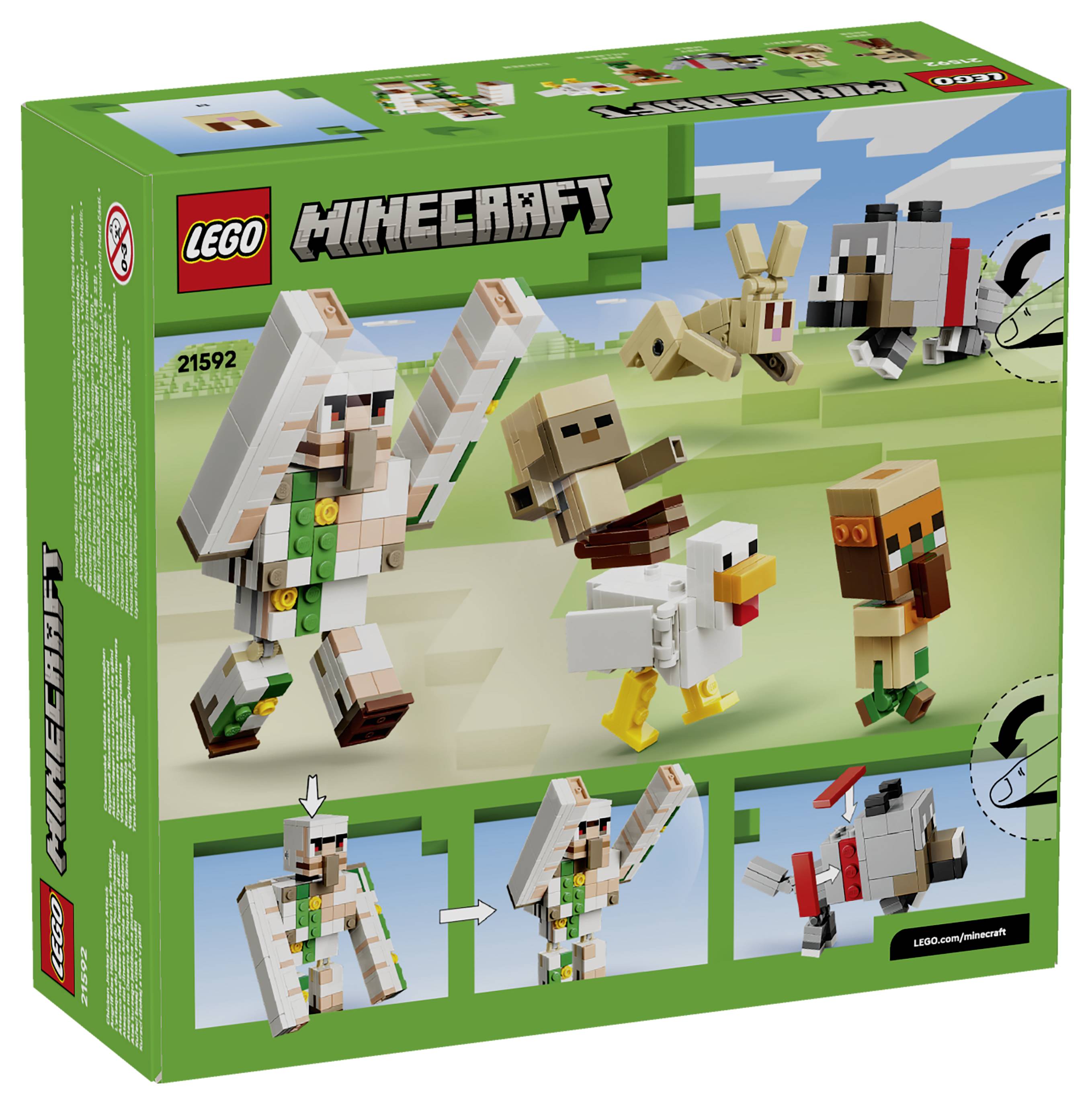 Vier weergaven van een paarse LEGO-achtige koffer met gouden ringgreep, inclusief open en zijdelingse weergaven, met een speelgoedreiskoffer-ontwerp.