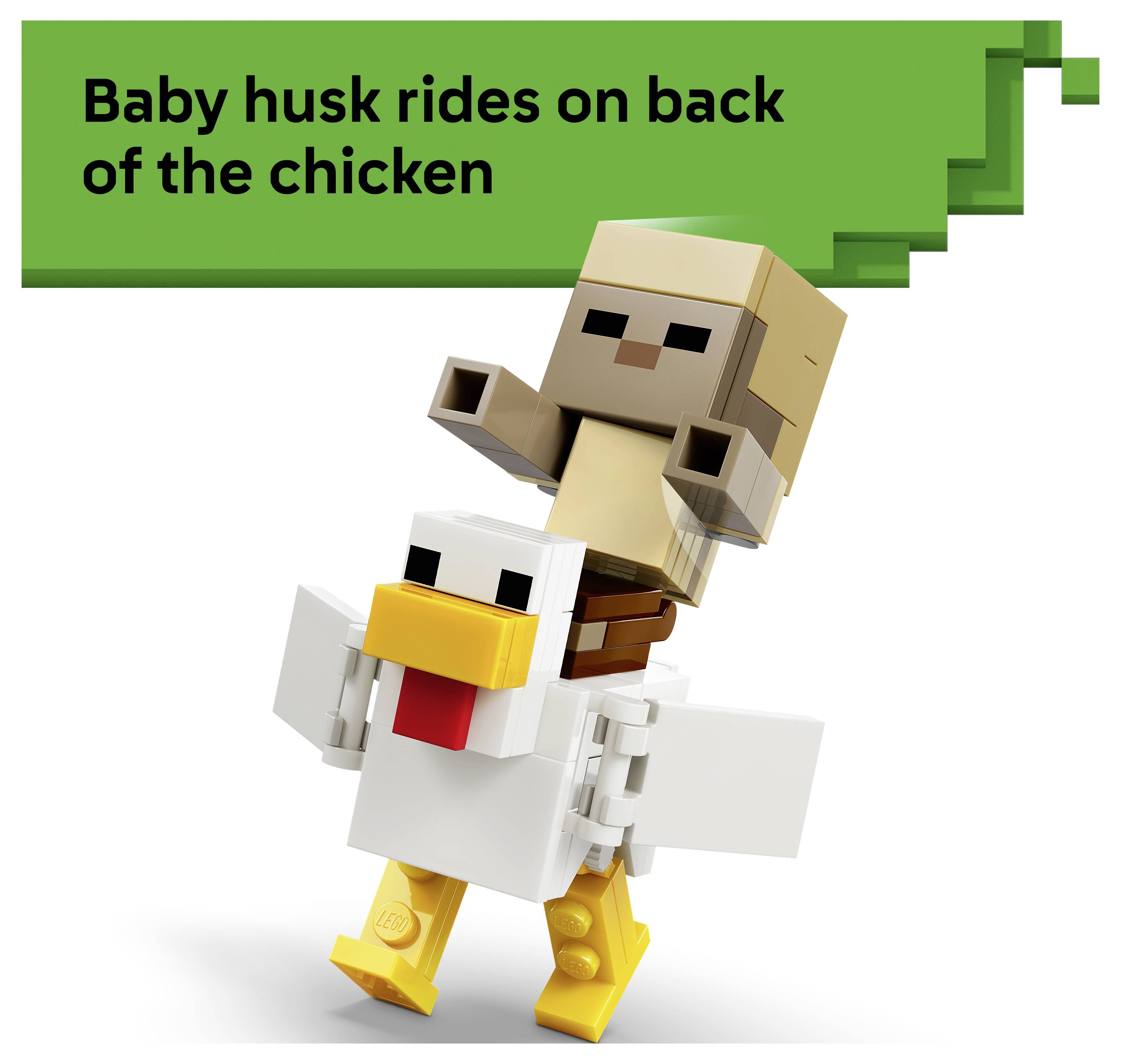 Minecraft-stijl illustratie van een baby husk die op de rug van een kip rijdt, met de tekst 'Baby husk rijdt op de rug van de kip' in een groen spandoek.