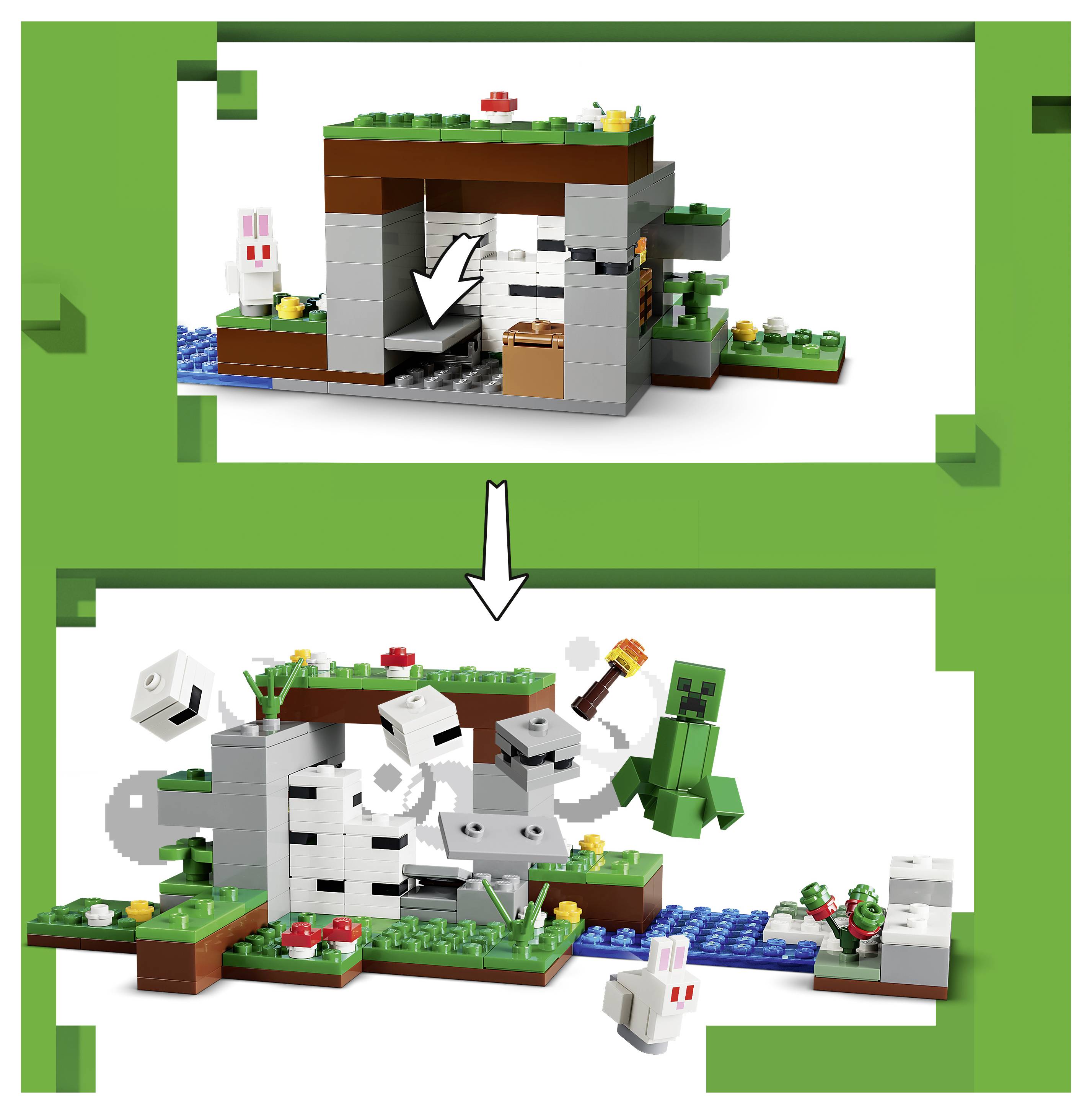 Instructieafbeelding die toont hoe een LEGO-scène van een intact huis transformeert naar een geëxplodeerde constructie, met pijlen die de verandering aangeven.