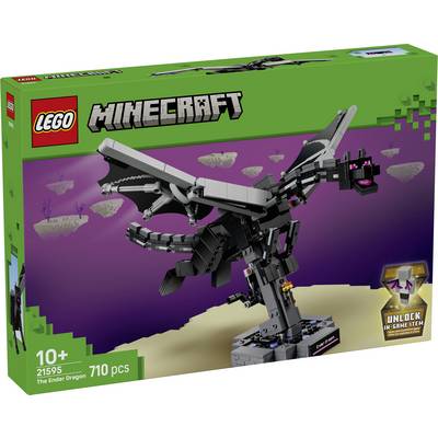 LEGO Minecraft The Ender Dragon setverpakking met een zwart drakenmodel; 710 stukken, leeftijd 10+, set 21595.