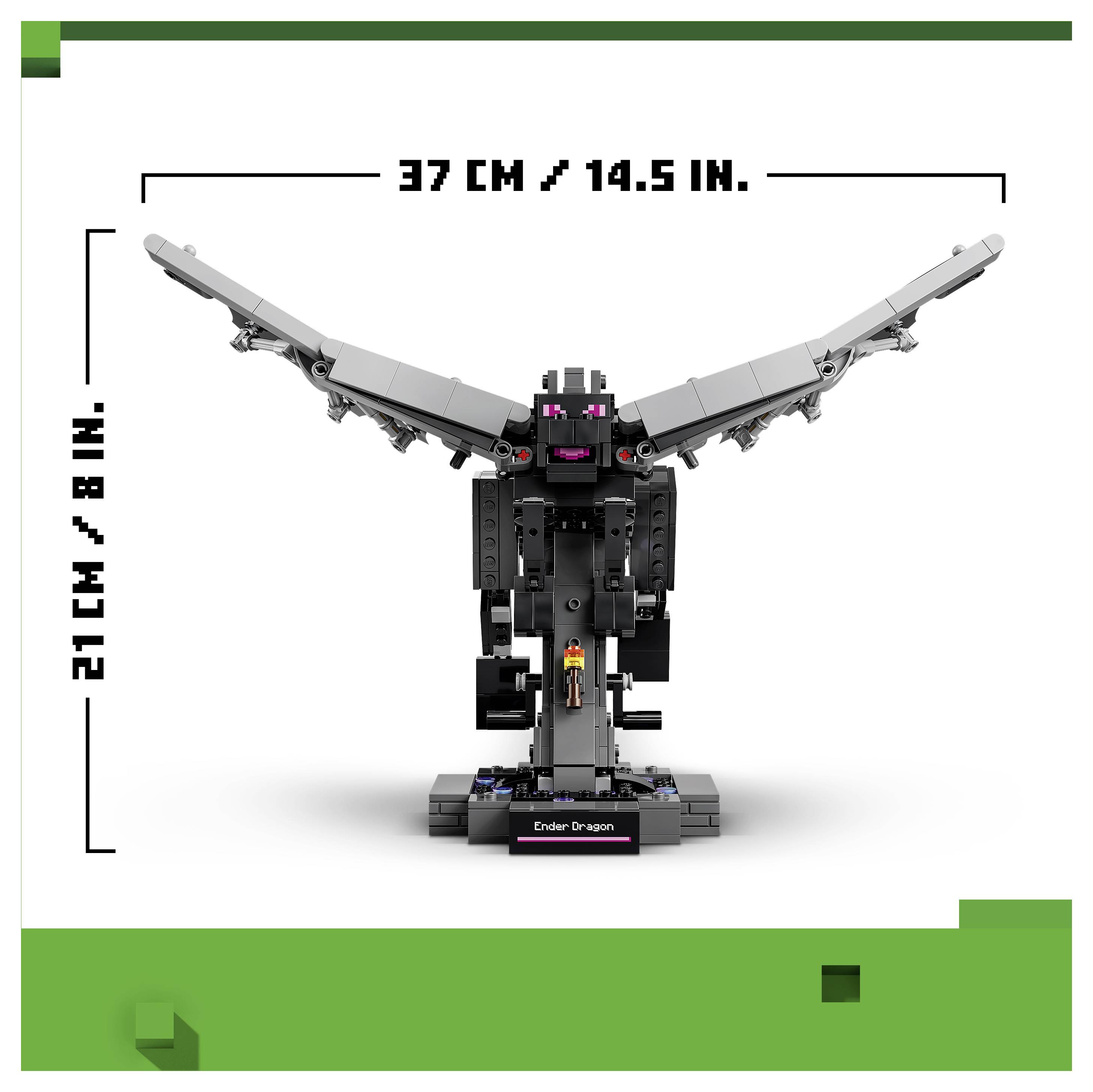 LEGO Enderdragon-model getoond vooraanzicht, met spanwijdte gelabeld 37 cm/14,5 inch en hoogte 21 cm/8 inch op een witte achtergrond.