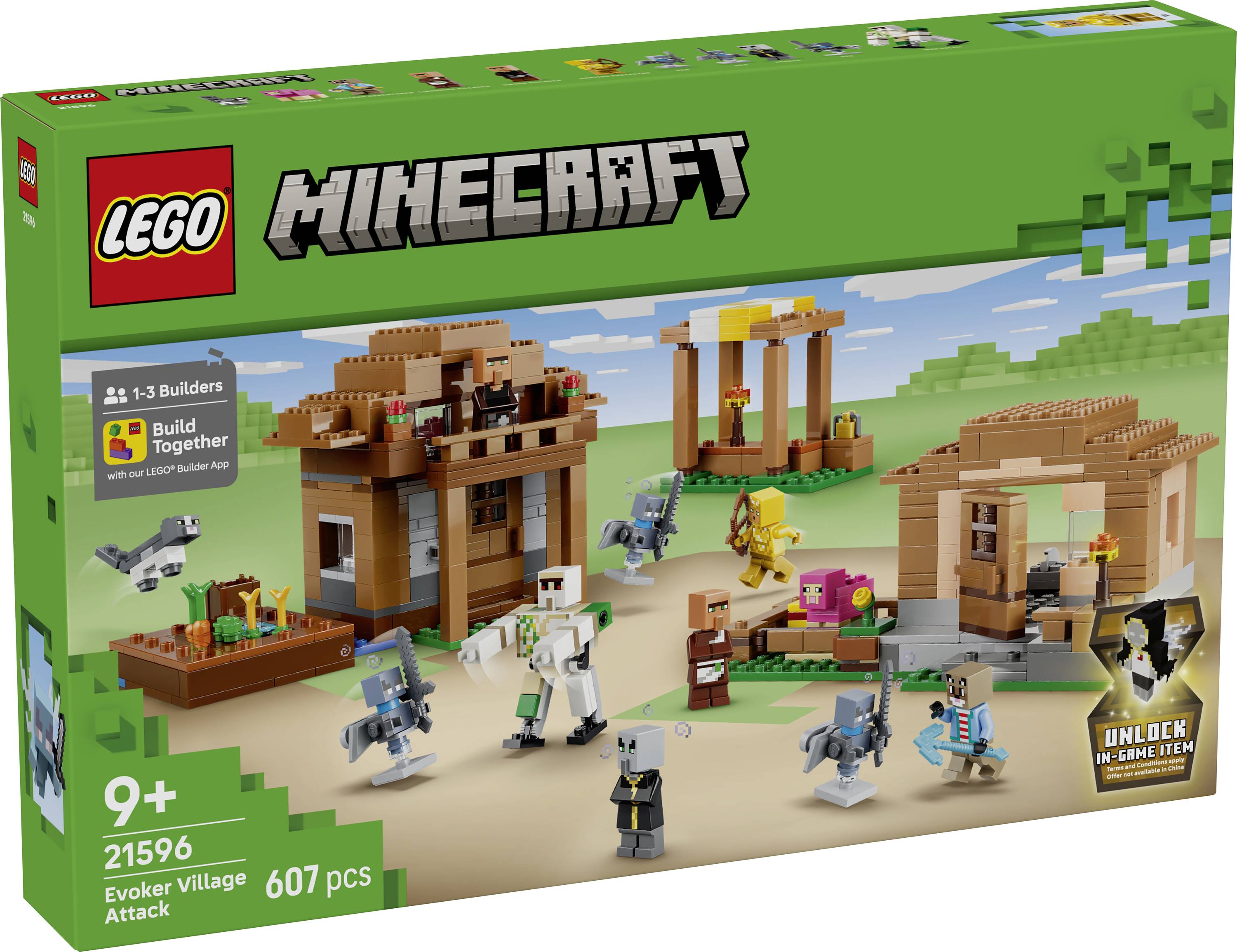 LEGO Minecraft 'Evoker Village Attack' set doos met een dorpsgevechtsscène, vanaf 9 jaar, 21596, 607 stukken, voor 1-3 bouwers.