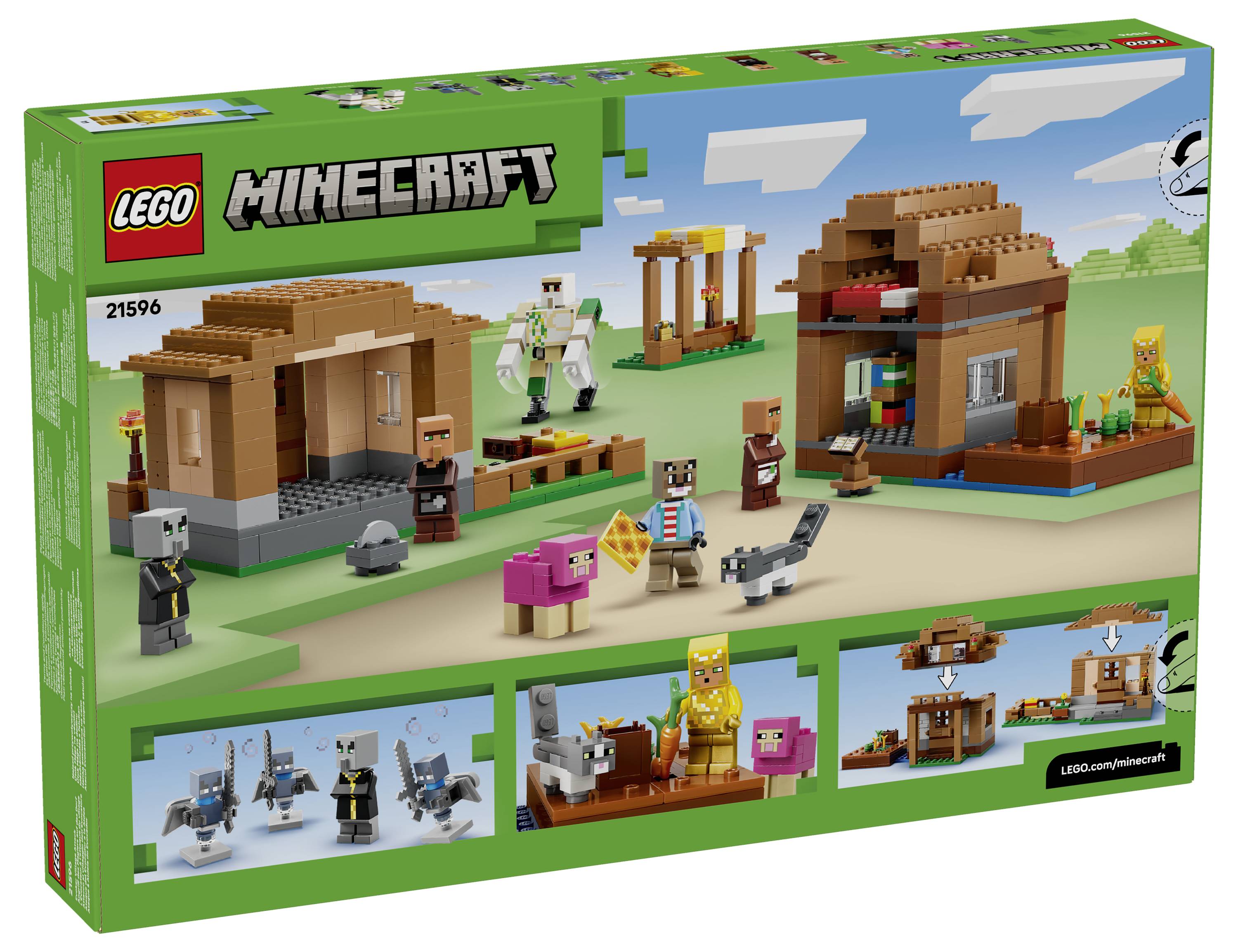 LEGO Minecraft 'De Wollenschuur' doos met twee Minecraft-stijl gebouwen, minifiguren, dieren en bouw-/inzetsetafbeeldingen.