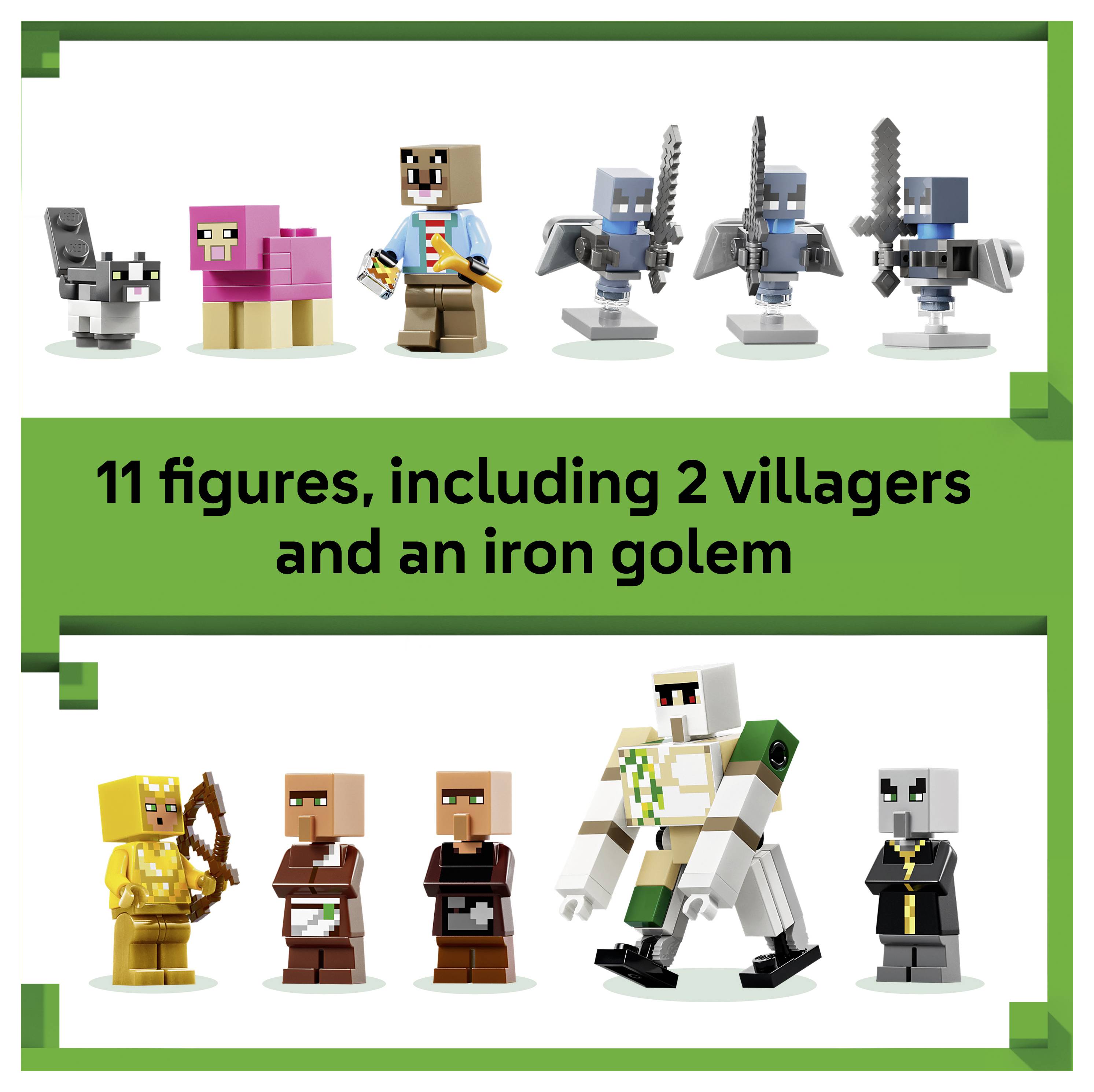 Promotiefoto van Minecraft-figurenset met 11 figuren, inclusief 2 dorpelingen en een ijzeren golem, met diverse karakters weergegeven op een witte achtergrond.