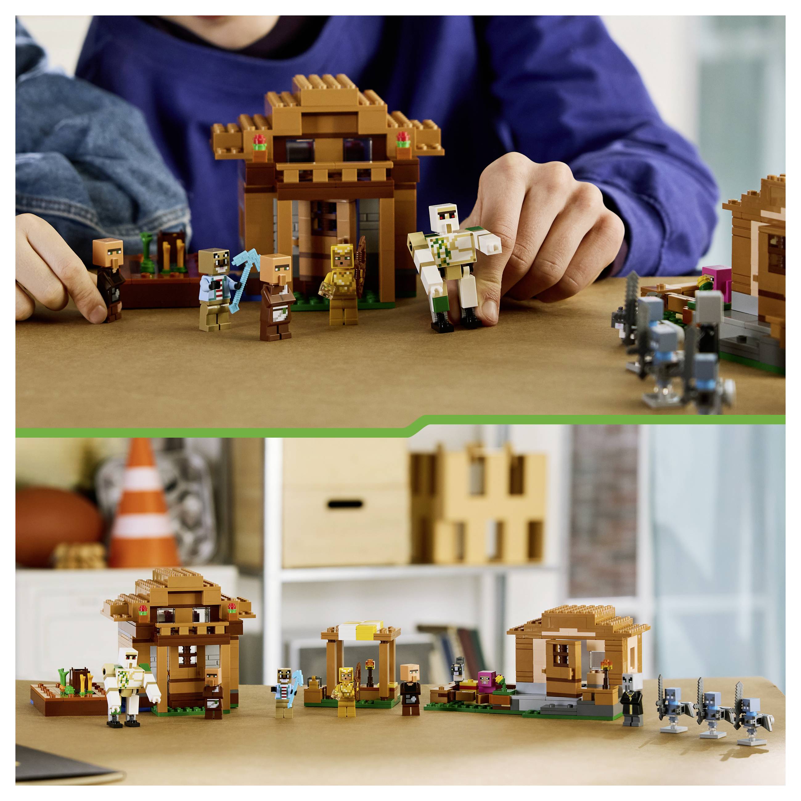 Handen plaatsen kleine LEGO-achtige dorpsfiguren en gebouwen op een tafelblad, met een groter beeld hieronder dat verschillende mini huisjes en personages toont die in een speelscène zijn gerangschikt.