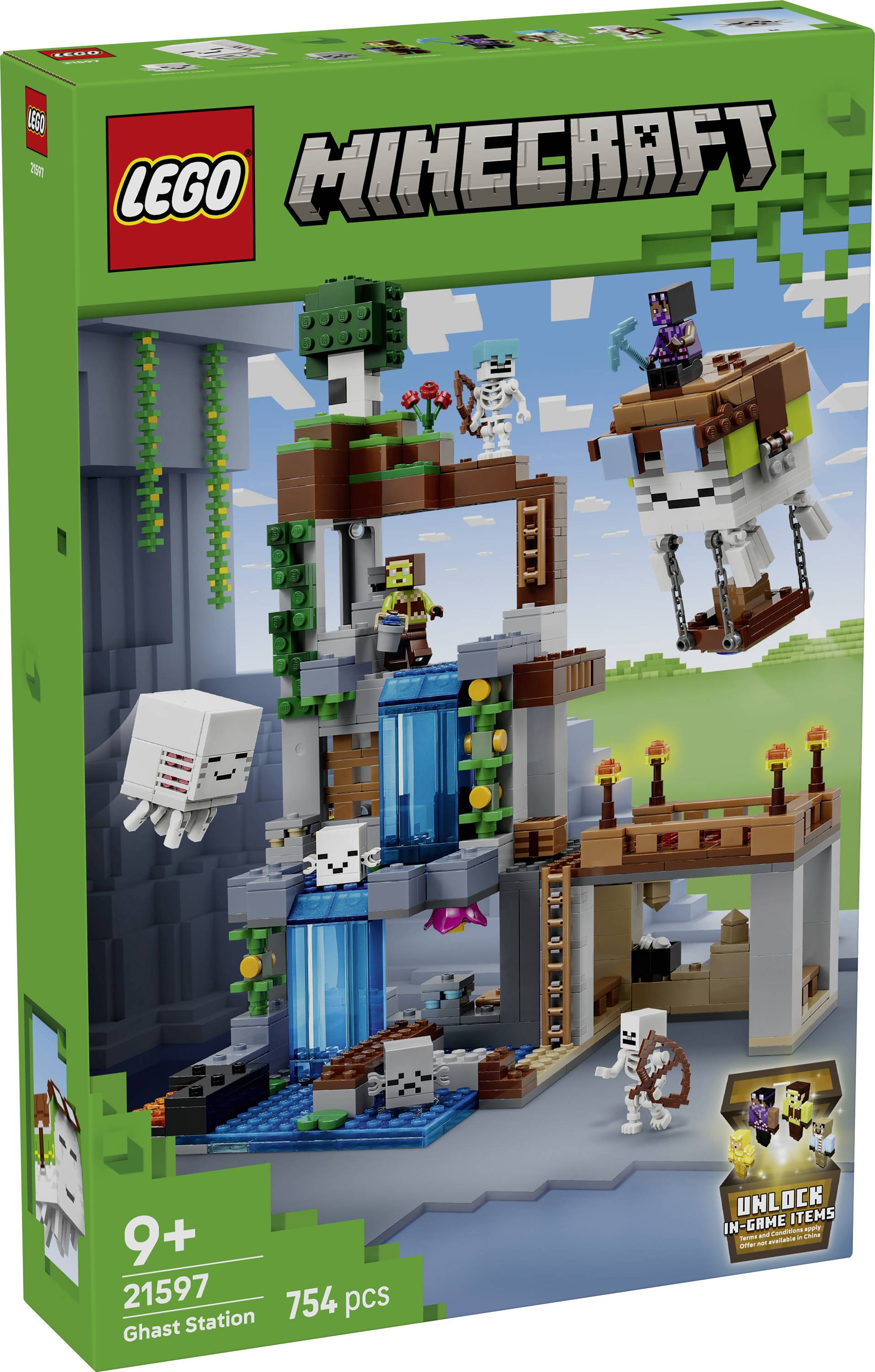 LEGO Minecraft 'Aanval op Spookballon Dorp' setdoos met afbeelding van een zwevende spookballon, dorpsstructuren en minifiguren.