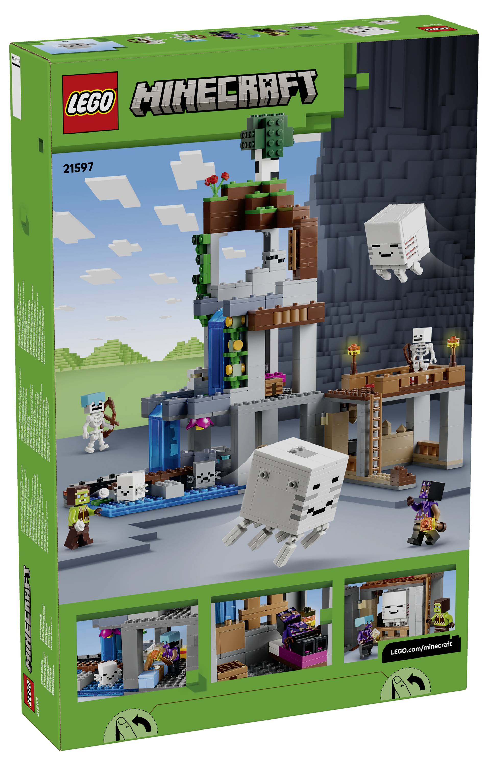 LEGO Minecraft set 21597 dooskunstwerk met een grotbouwsel met skeletten, een zwevende ghast, minifiguren en verborgen binnenschènes.