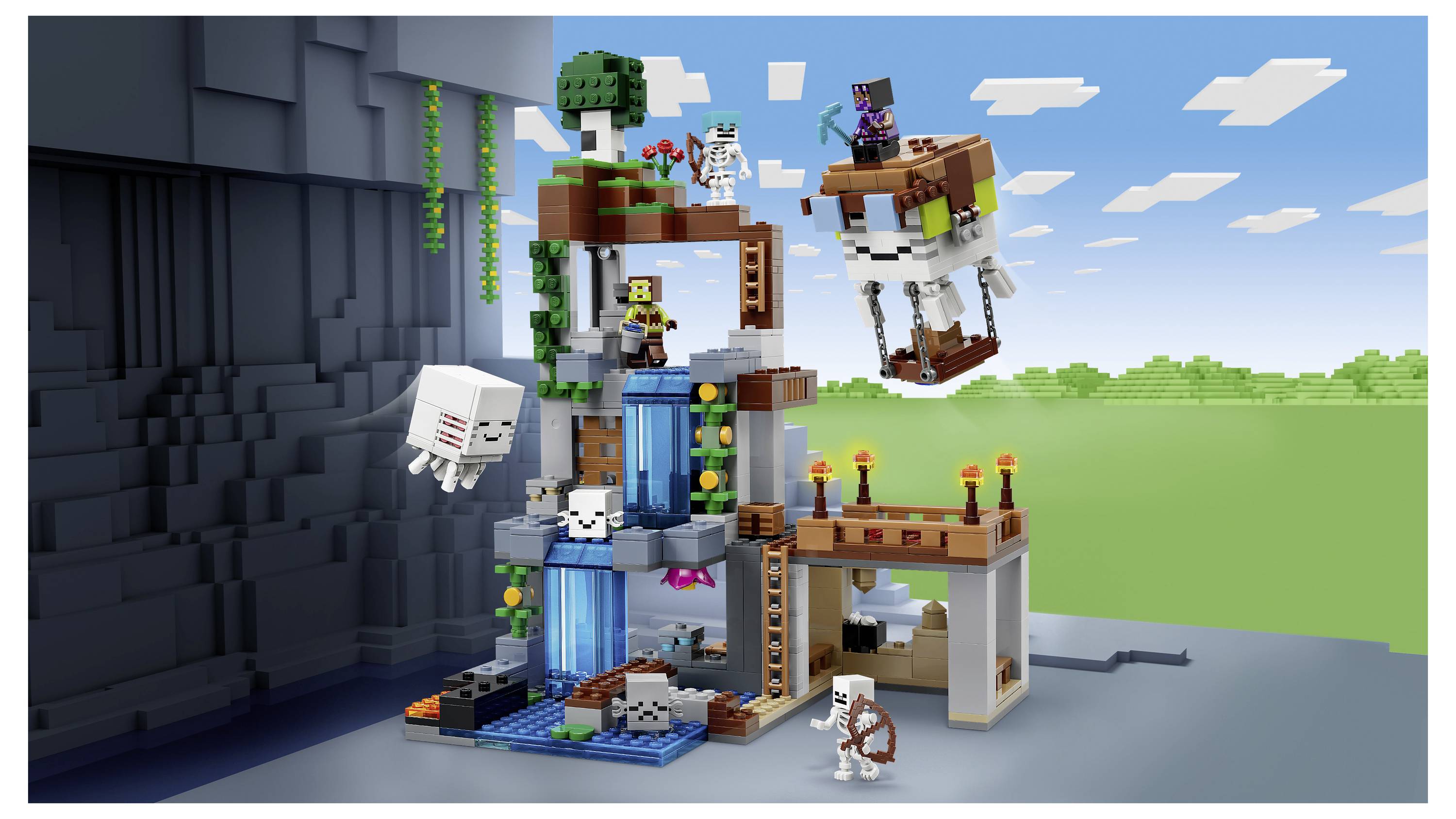 Naast elkaar LEGO 'blij spook' voor en na transformatie in een vliegtuig met pilotenmuts, boot en hangende ketenen.