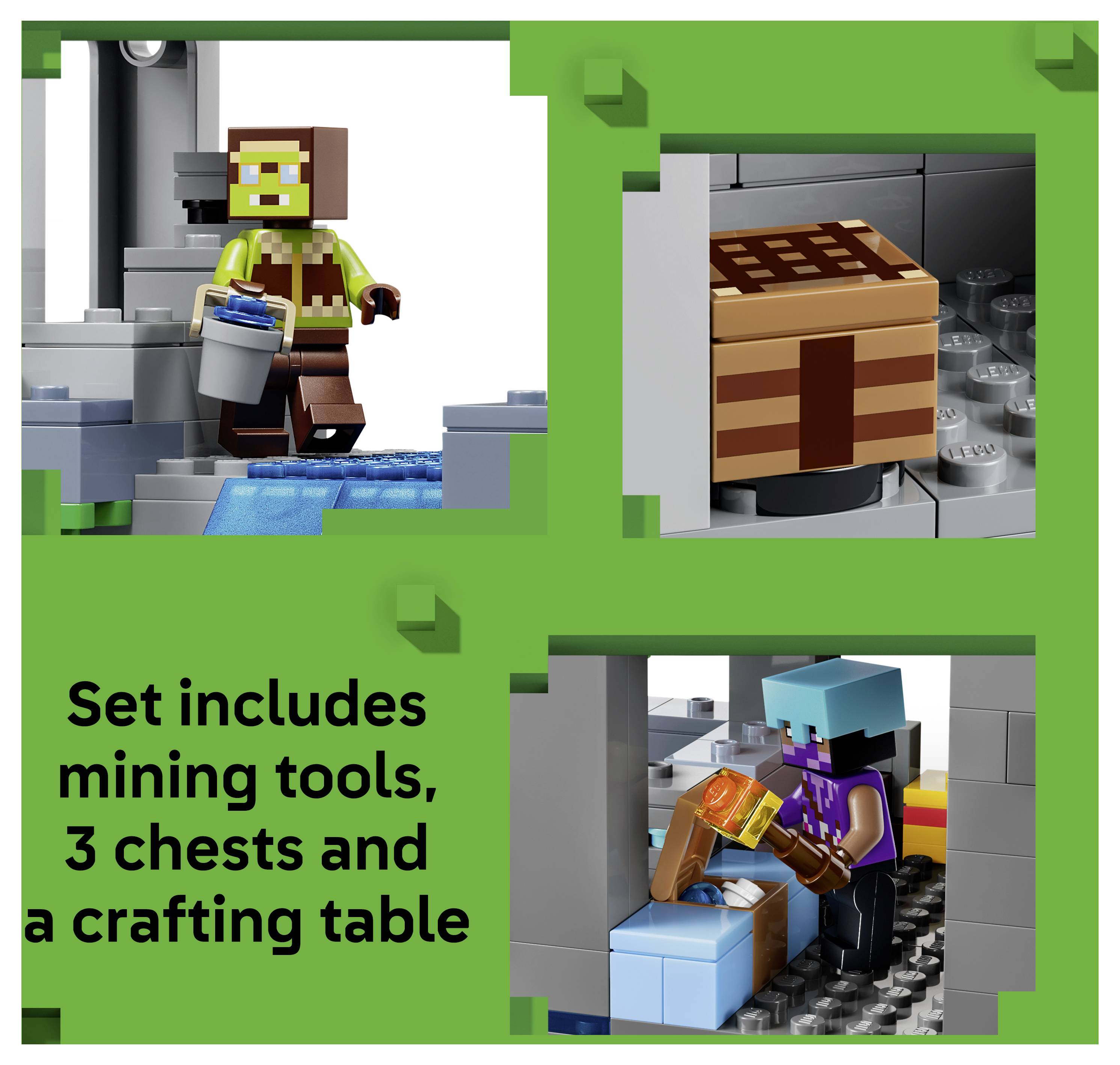 LEGO mijnbouwset afbeelding met twee minifiguren, een werkbank en drie kisten; de tekst zegt 'Set bevat mijnbouwgereedschap, 3 kisten en een werkbank'