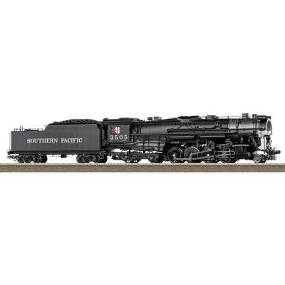 Southern Pacific stoomlocomotief 3505, zwart zijzicht op sporen met tender gelabeld 'SOUTHERN PACIFIC'