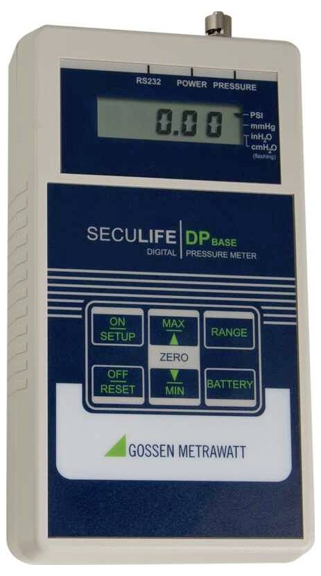 Draagbare digitale drukmeter met een 0,00-weergave, met knoppen voor instelling, reset, max/min, nul, bereik en batterij.
