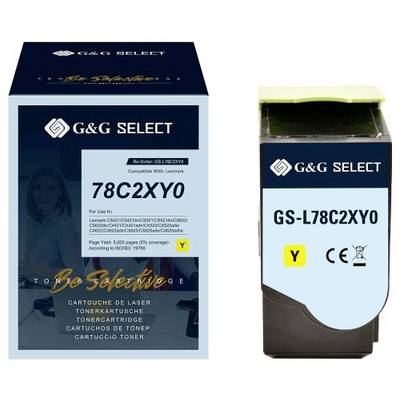 G&G SELECT gele tonercartridge en de verpakking ervan, gelabeld als 78C2XY0 en GS-L78C2XY0, weergegeven als compatibele vervangingssupplies.