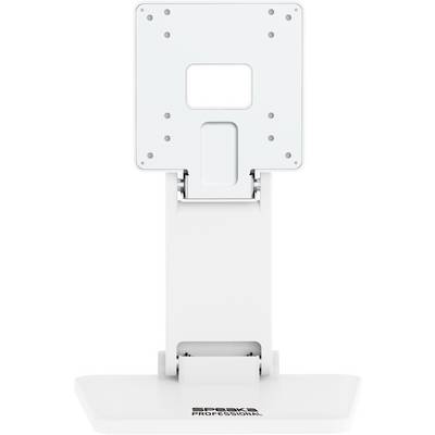 Achteraanzicht van een witte verstelbare monitorstandaard met bevestigingsplaat en brede basis, geïsoleerd op een witte achtergrond.