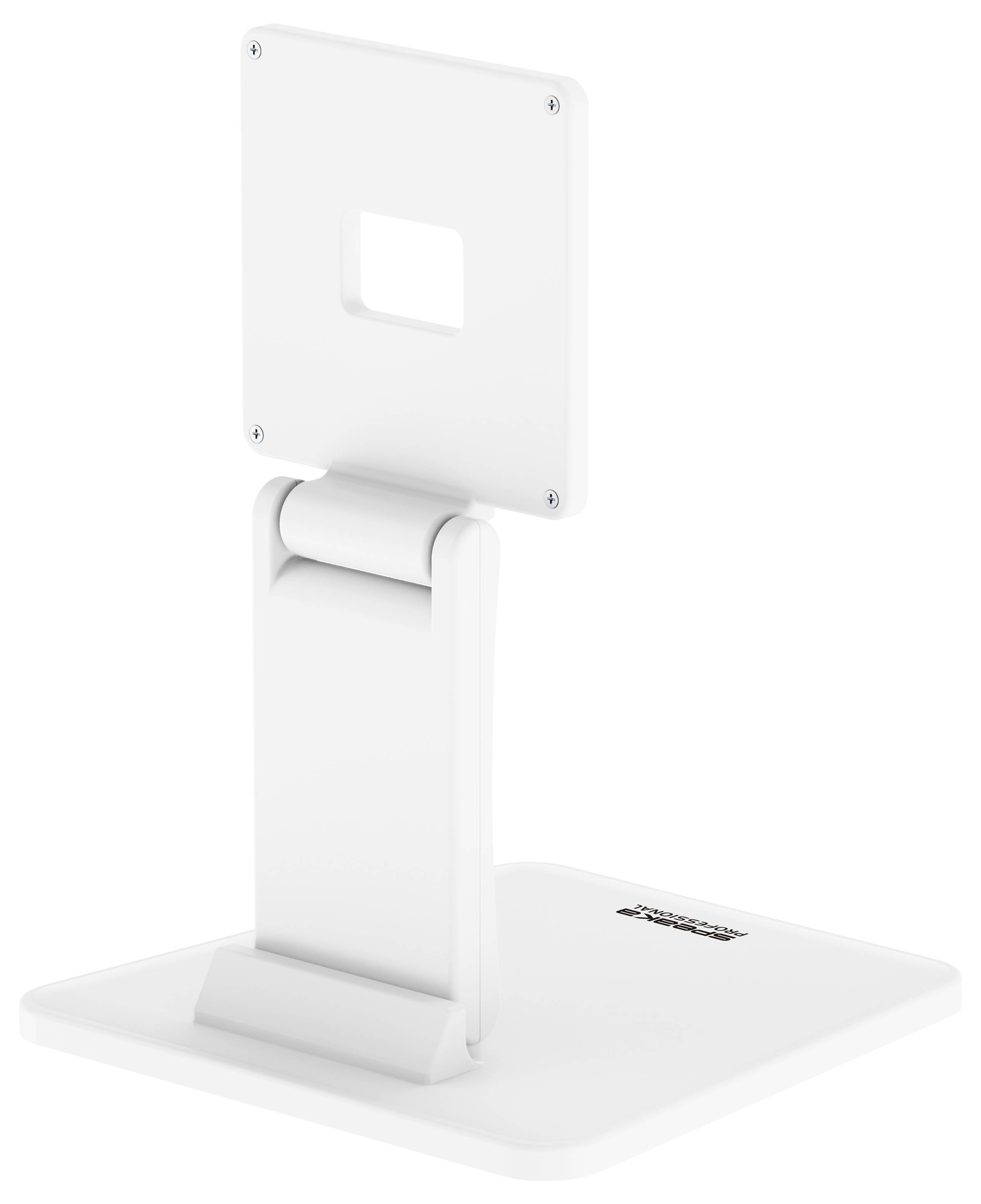 Witte verstelbare tabletstandaard met scharnierend rechtopstaand steun op een vierkante basis, weergegeven in een productfoto-stijlweergave.