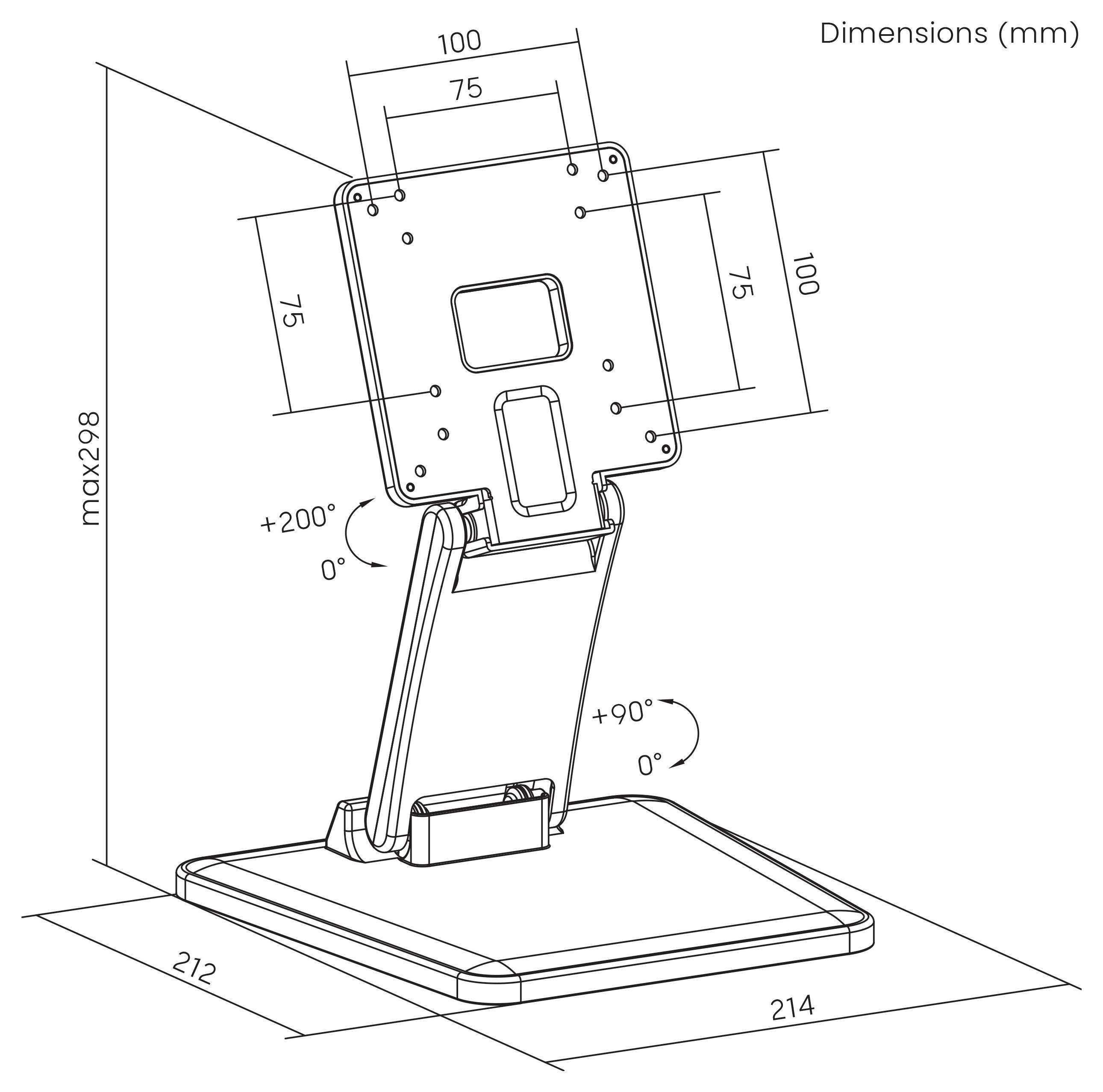Technische lijnteekening van een verstelbaar statief met montageplaatje en voetplaat, gelabeld 'Afmetingen (mm)', met een totale grootte van 298 mm hoog bij 214 bij 212 mm en kantelhoeken van +200° en +90°.