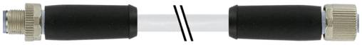 Een zwarte kabel met zilveren connectoren aan beide uiteinden, horizontaal weergegeven op een effen witte achtergrond.
