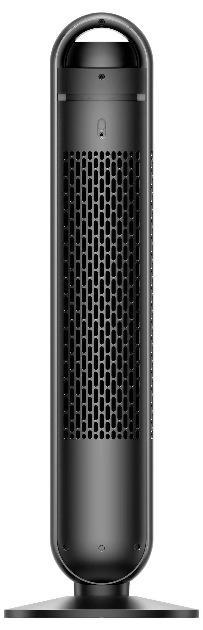 Een zwarte cilindrische torenventilator of luchtreiniger met een geperforeerd voorrooster, weergegeven op een brede ronde voet tegen een witte achtergrond.