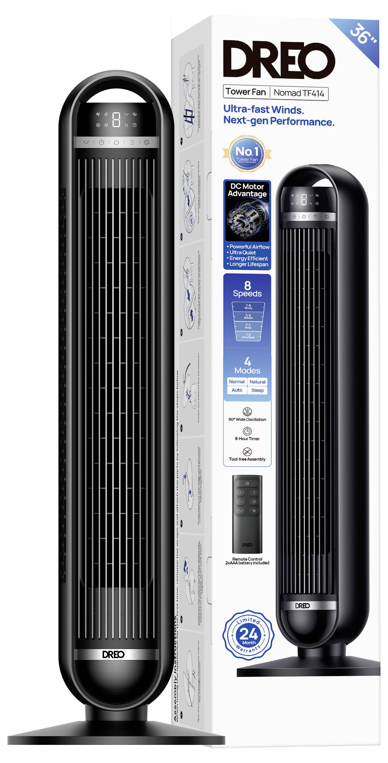 Productafbeelding van een DREO torenventilator in zwart, weergegeven van voren en zijkant met verpakking; label benadrukt 'Ultra-snelle winden' en 8 snelheden, 4 modi, en timer.
