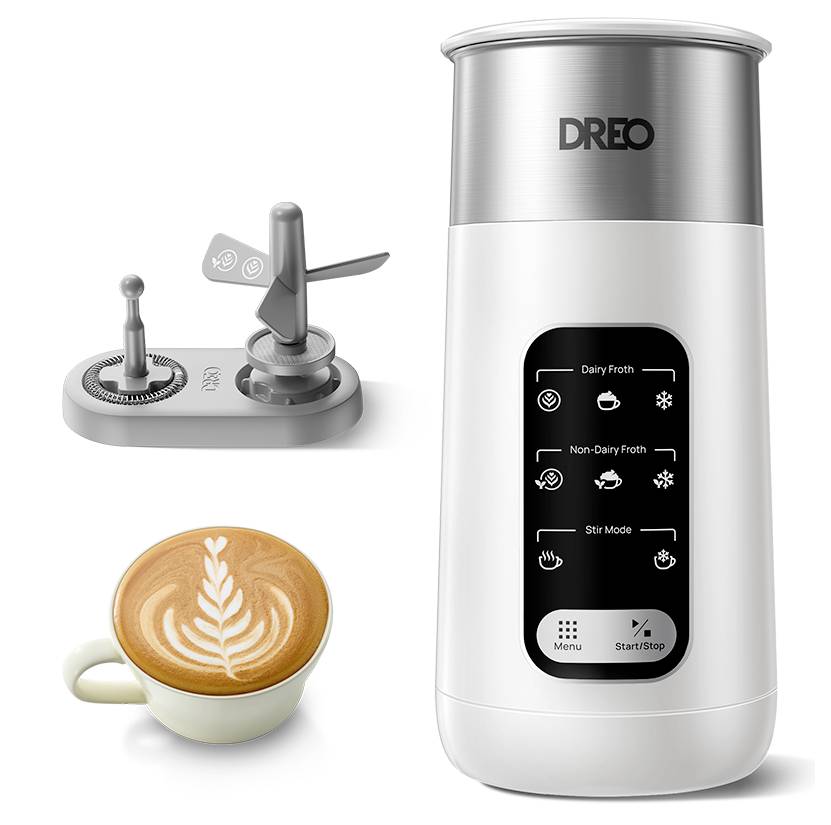 DREO melkopschuimer met digitaal bedieningspaneel, afgebeeld met uitwisselbare garde-aanzetstukken en een kopje latte met latte art van melkschuim.