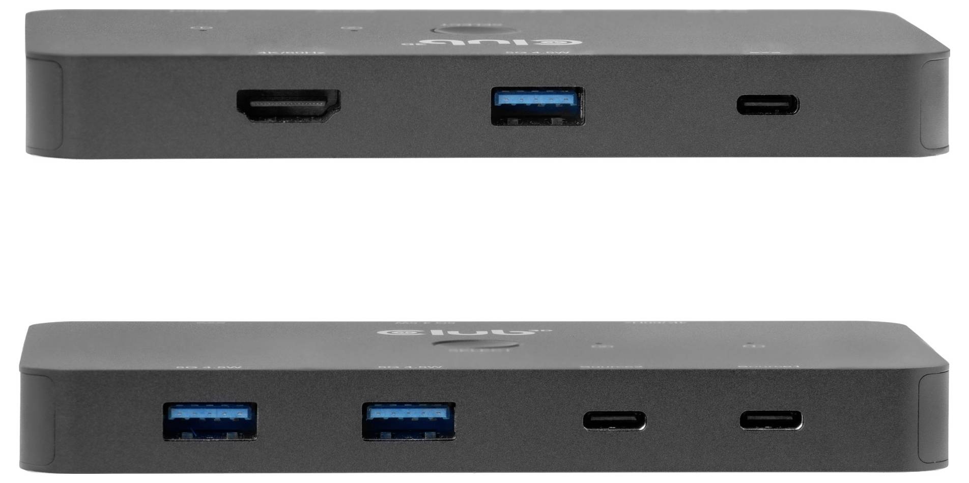 Twee weergaven van een dun zwart apparaat met daarin de voor- en achterzijde met poorten, inclusief USB-A, USB-C en HDMI-achtige aansluitingen.
