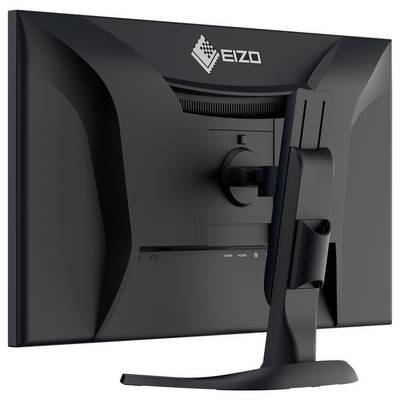 Achterkant van een EIZO desktopmonitor met standaard, kabelmanagement en verstelbare bevestigingsbeugel.