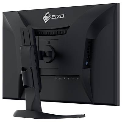 Achteraanzicht van een zwarte EIZO-computermonitor op een standaard, met zichtbare verstelbare bevestiging, ventilatie en zijdelingse poorten waaronder een blauwe USB-poort.