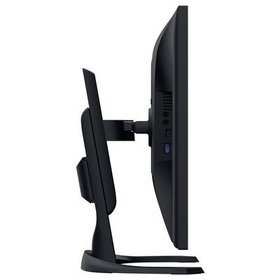 Zijkant van een zwarte all-in-one desktopcomputer op een standaard, met zicht op het dunne monitorprofiel en de zijkanten poorten.